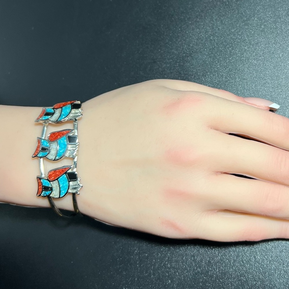 Vtg Silver 3 Owl Crushed Stone Inlay Cuff Bracelet Navajo / Zuni Style Jewelry
